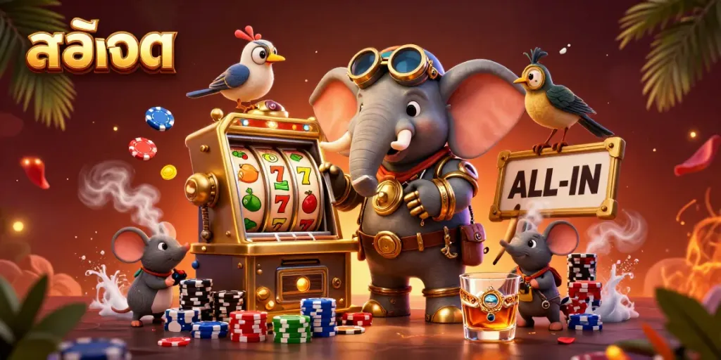 Engaging 3D scene showcasing a steampunk elephant operating a golden slot machine, surrounded by vibrant casino elements, embodying excitement in สล็อต.
