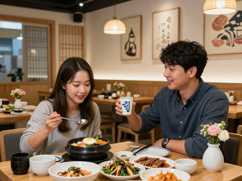 강남 달토의 전통 음식을 즐기는 커플의 포근한 다이닝 장면