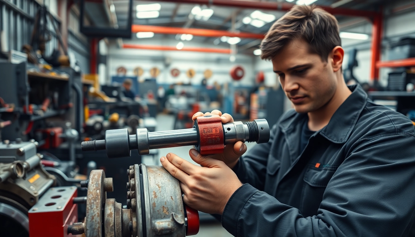 Highlighting hydraulic repair services with a mechanic inspecting hydraulic equipment in a professional workshop.