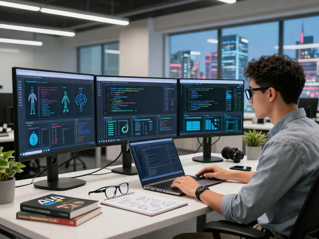 Data scientist utilizing AI technology in a modern workspace, crush on ai analysis with multiple screens.
