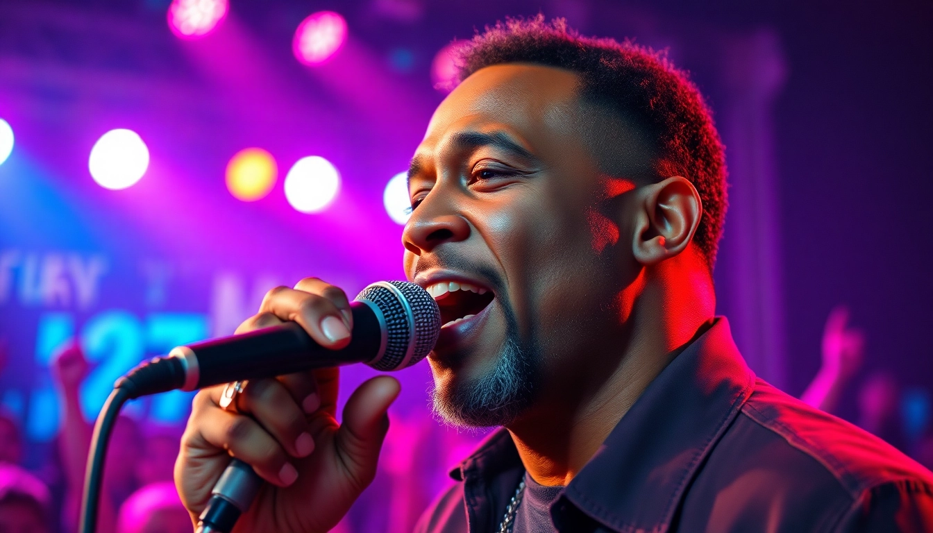 Leroy Silver performing energetically on stage during a live concert.