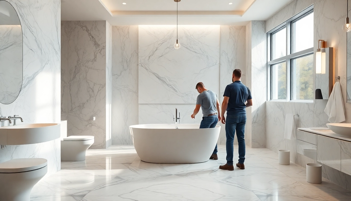 Skilled bathroom remodelers renovating a modern bathroom with quality fixtures.