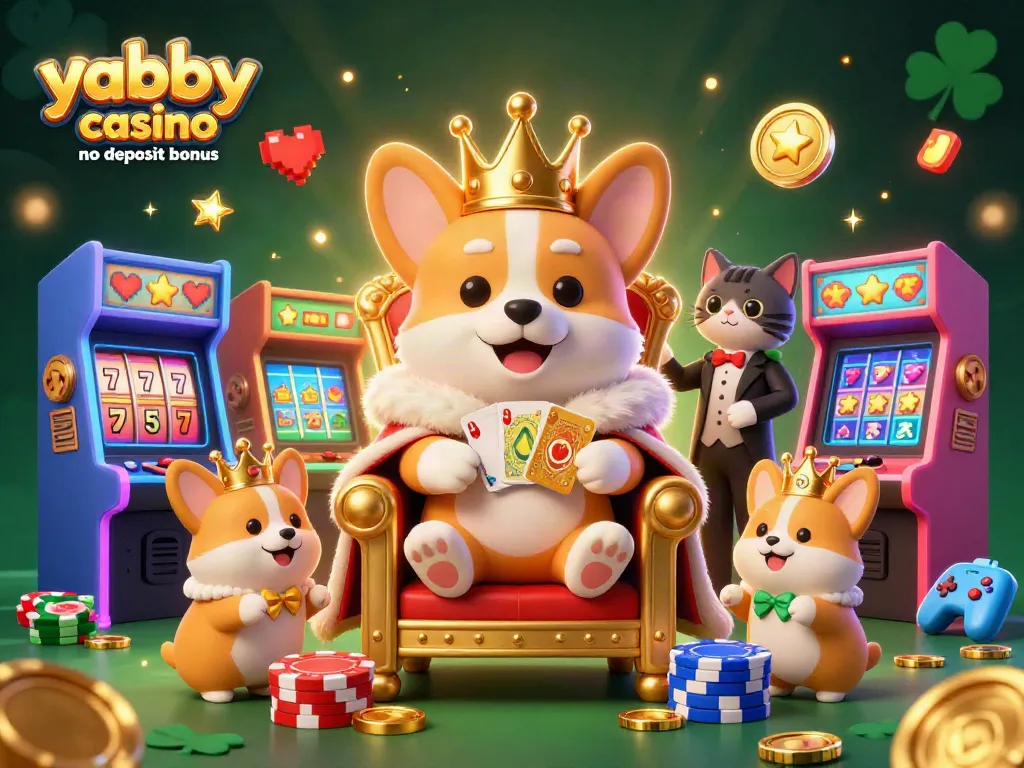 Win with Yabby Casino no deposit bonus featuring corgis and arcade games in a vibrant scene