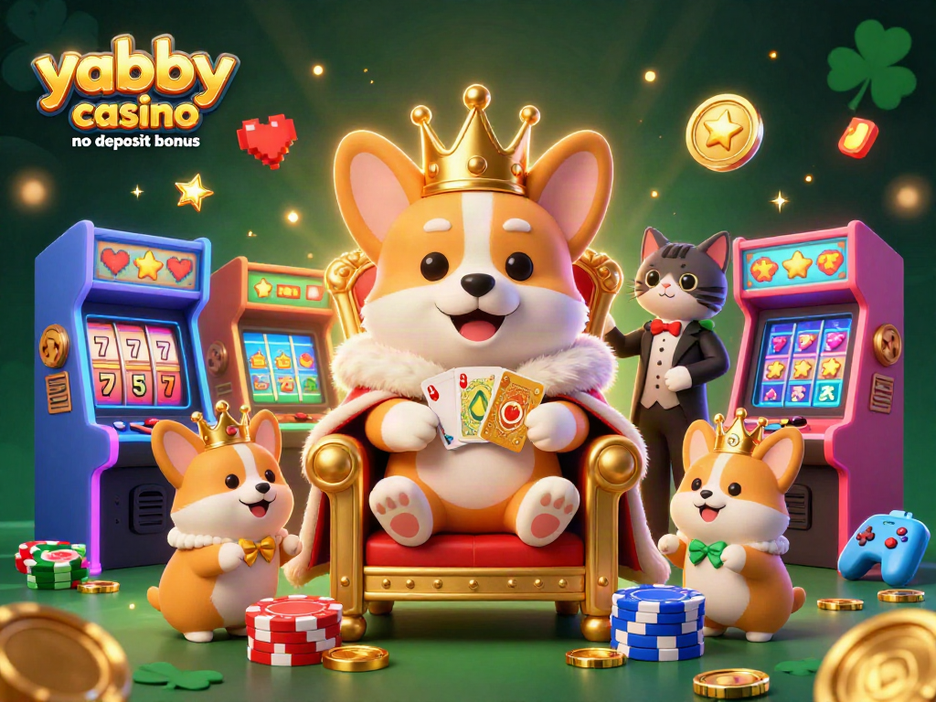 Win with Yabby Casino no deposit bonus featuring corgis and arcade games in a vibrant scene