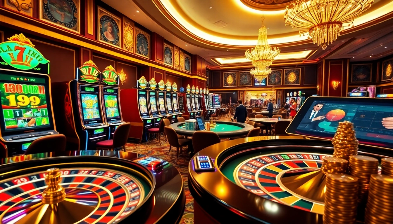 Players enjoy exciting games at LC 88 casino, featuring vibrant slot machines and poker tables.