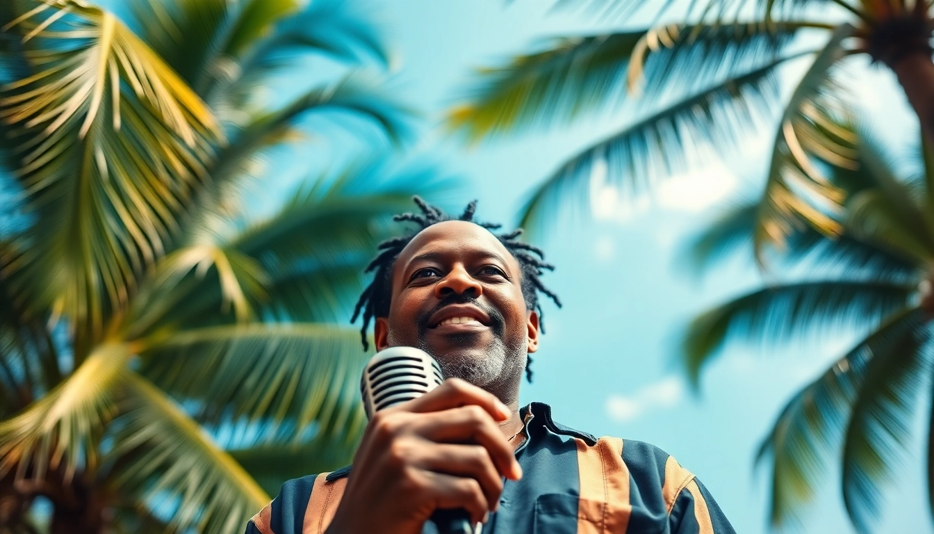 Leroy Silver performing passionately against a vibrant Caribbean backdrop with palm trees.