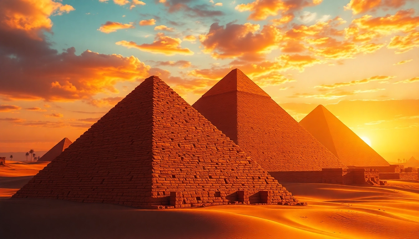 View of majestic piraminds under a vibrant sunset with detailed textures and shadows.