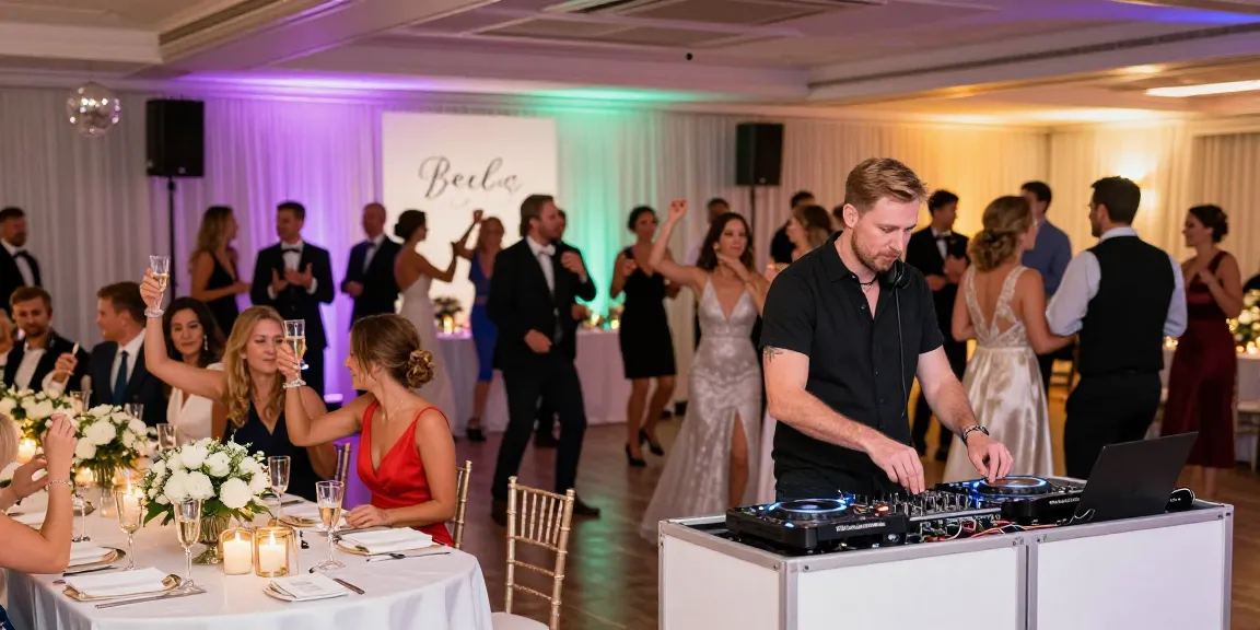 DJ für Hochzeit Berlin: Feierliche Atmosphäre mit tanzenden Gästen und elegantem DJ-Pult.