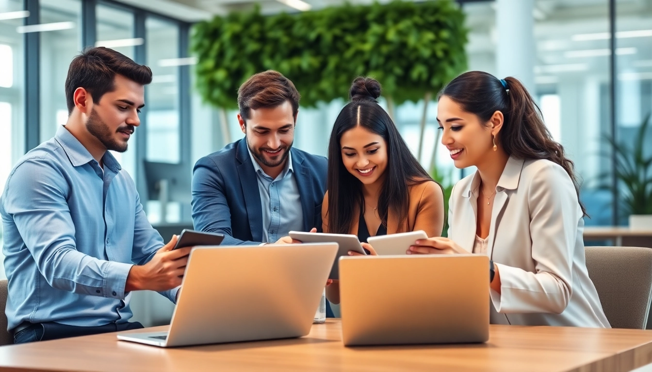 Discussing business technology solutions in a modern collaborative office setting.