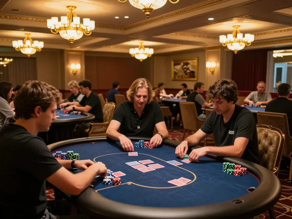 Engaged players enjoying Mahjong Ways at a stylish casino, highlighting competitive gameplay.