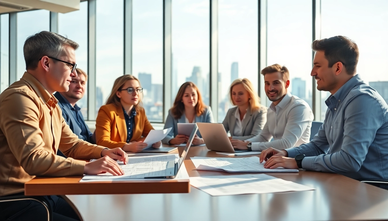 Participating in construction leadership programs, professionals collaborate in a bright office setting.