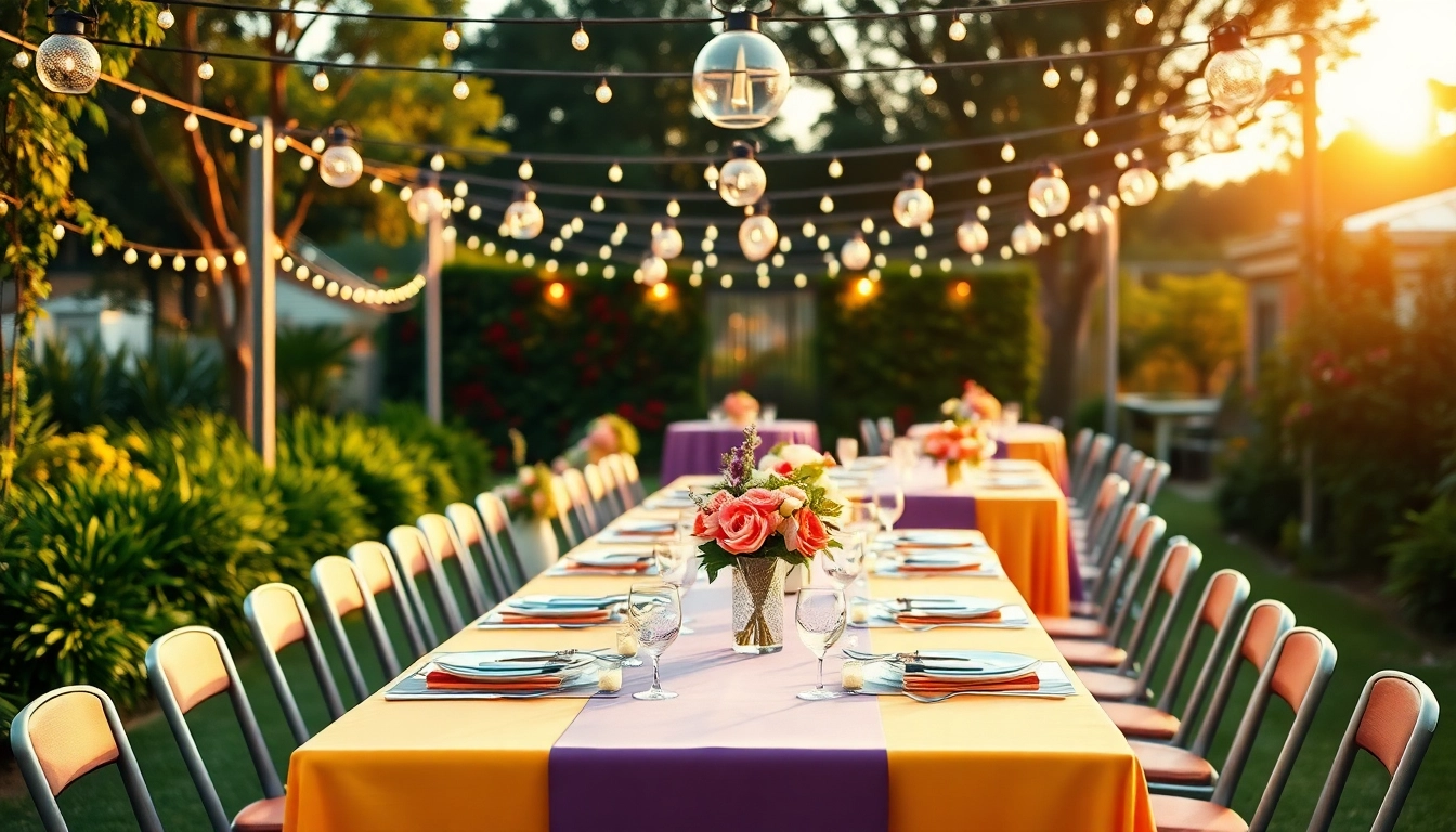 Elegant table rentals set in a lush garden atmosphere, showcasing style and warmth.