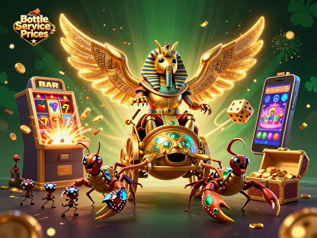 Experience Las Vegas Bottle Service Prices with vibrant 3D illustration of a golden beetle and luxurious casino elements.