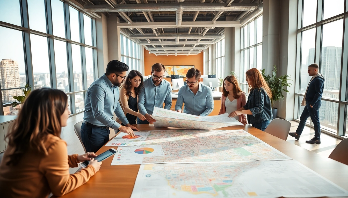 Urban planner collaborating on city maps in a bright modern office.