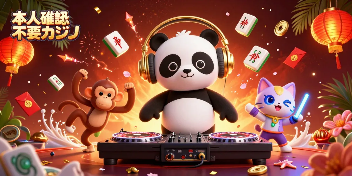 本人確認不要カジノで楽しめる、DJパンダとダンスするモンキーたちの賑やかなシーン。