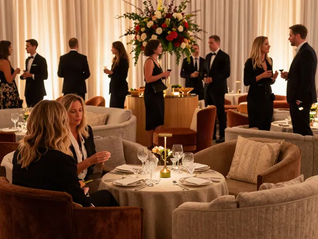 Event furniture rental setup with elegant lounge furniture and guests enjoying a classy gala atmosphere.