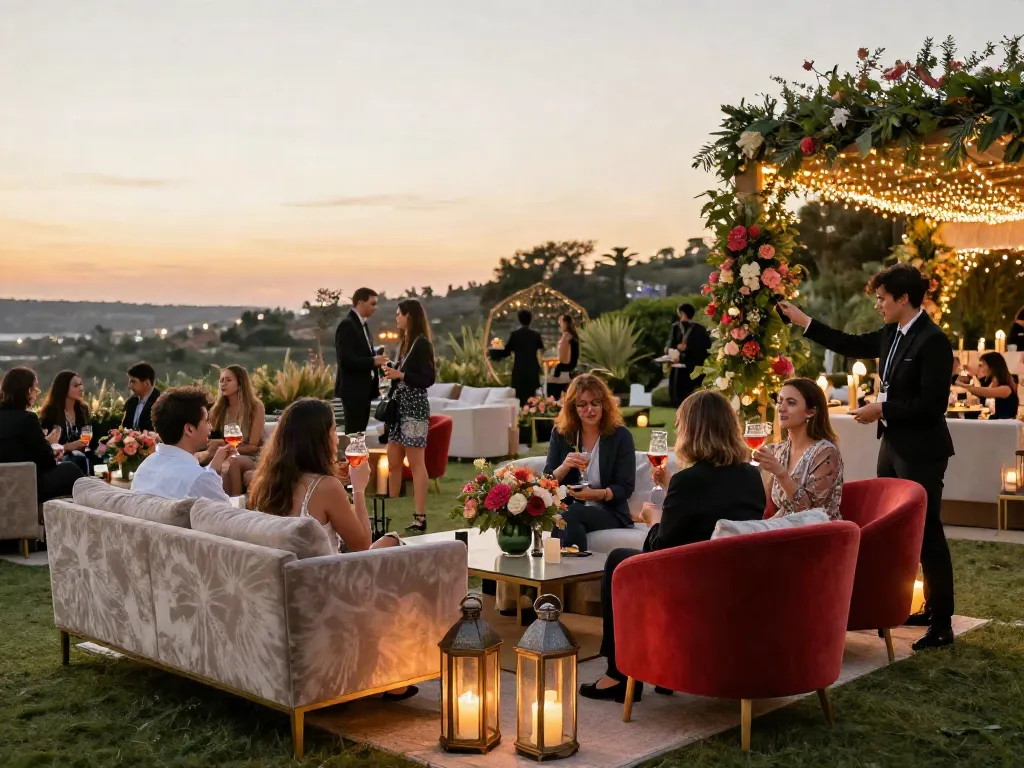 Event furniture rental showcased in an elegant outdoor lounge setting with luxurious sofas and floral decor.
