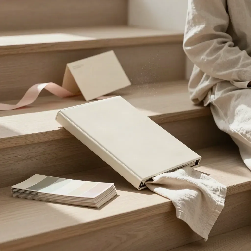 Cream portfolio case with color chips and linen wrap spilling on pale oak steps in soft daylight.