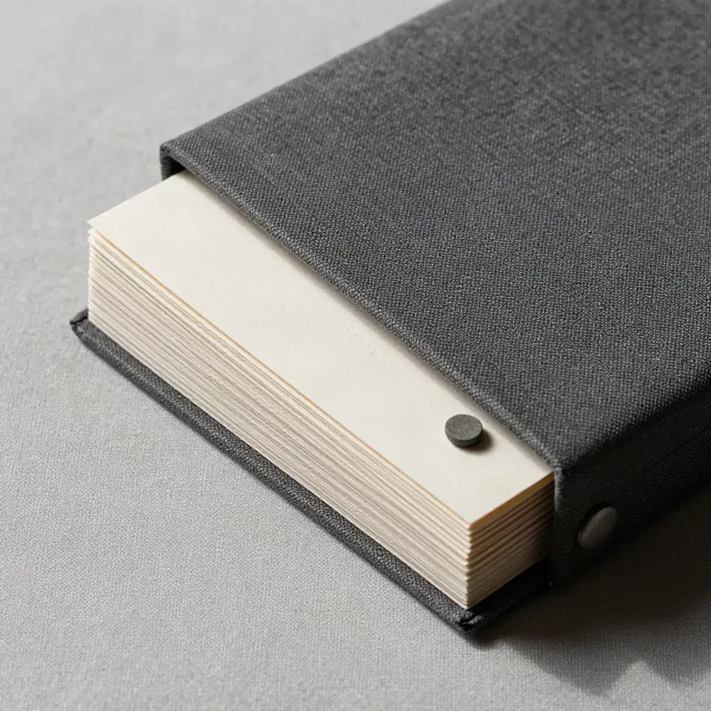Charcoal audit packet with tabbed cards and stone chips on ash-gray linen.
