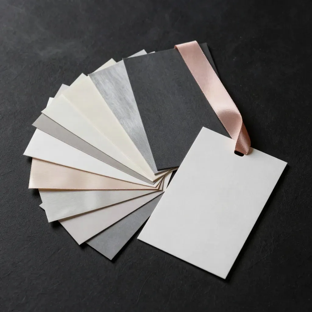 Blush-ribboned visual identity set fanned on a dark surface in dramatic studio light.