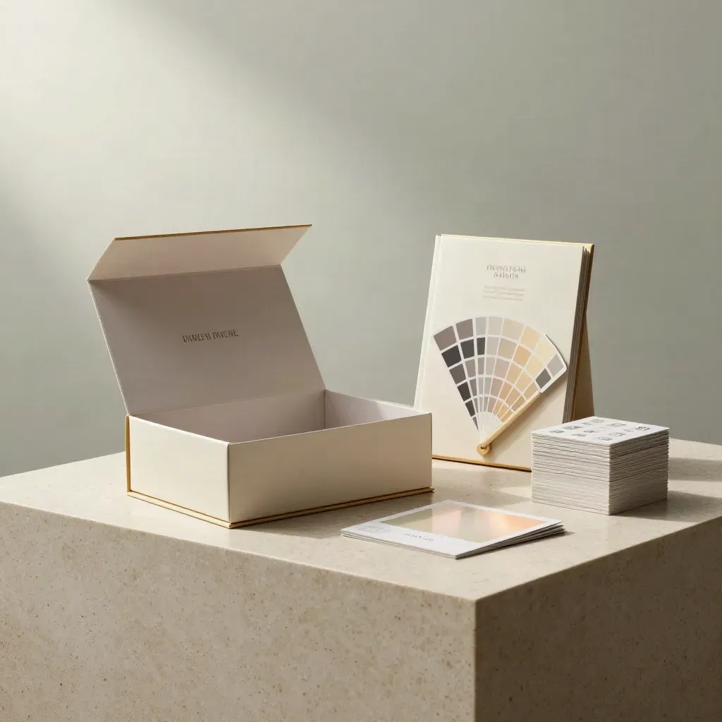 Launch kit box with brand guide, swatches, icon tiles and template cards on travertine