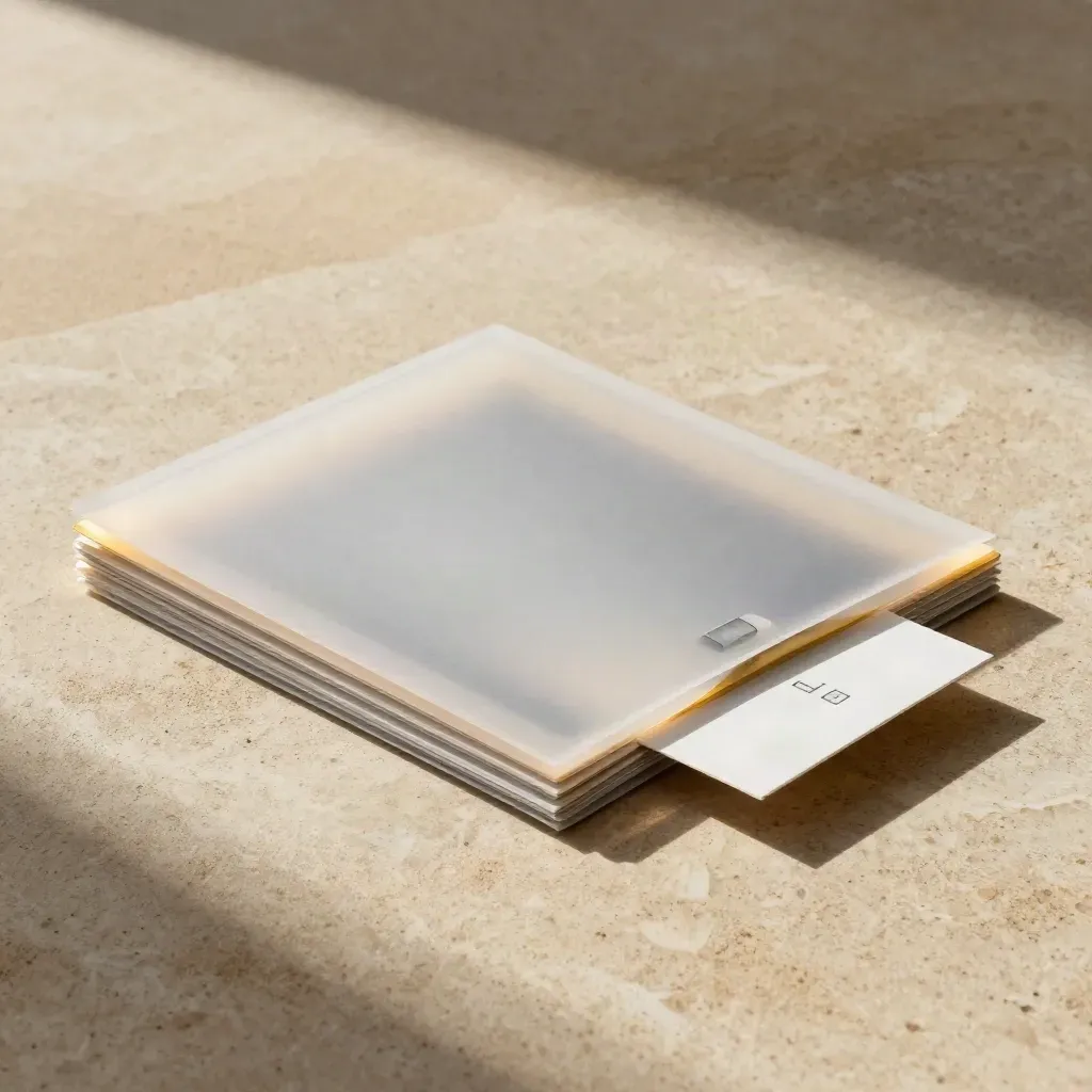 Logo boards in a translucent sleeve with a gold accent on travertine.