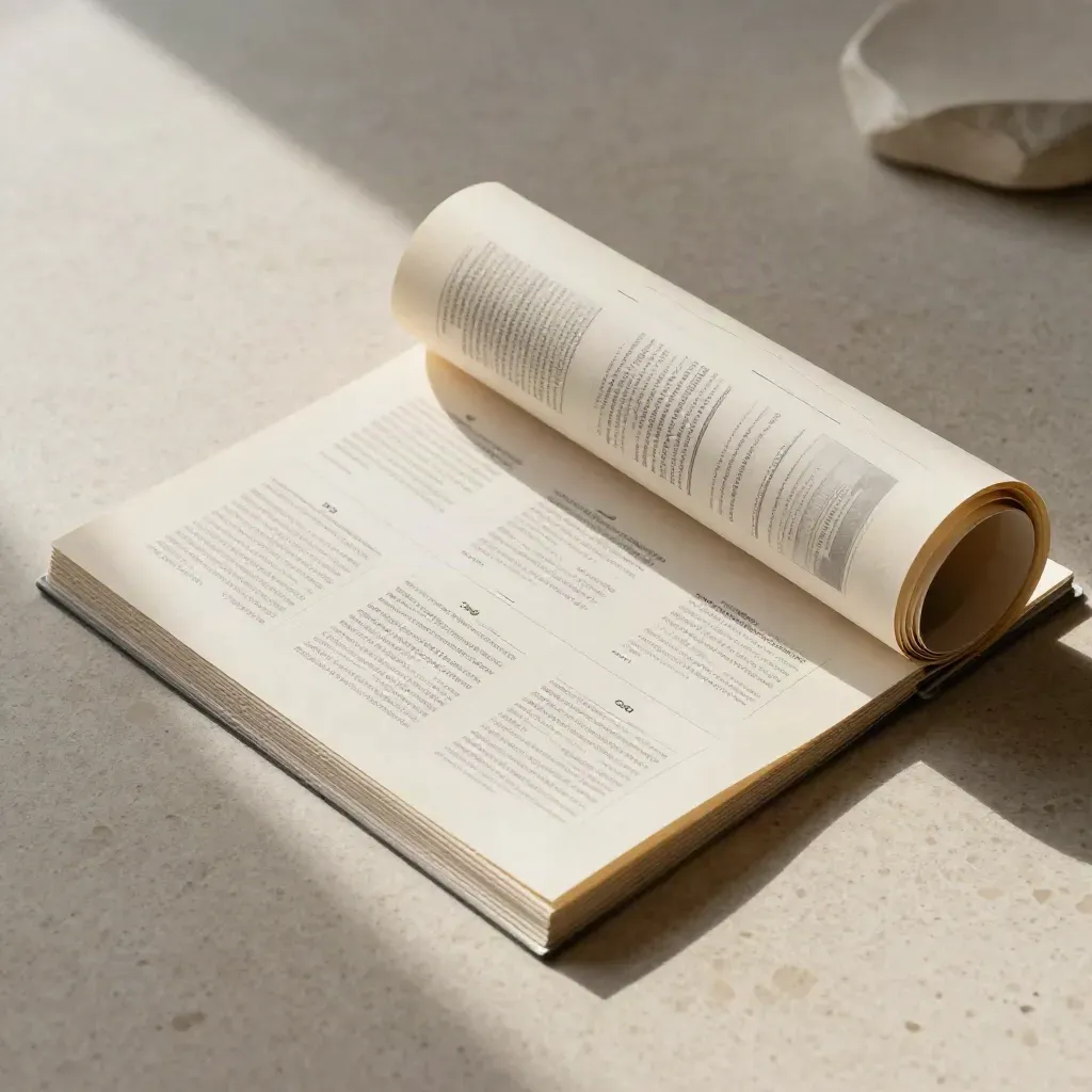 Folded website storyboard board with face-down cards and rolled paper tube on travertine.