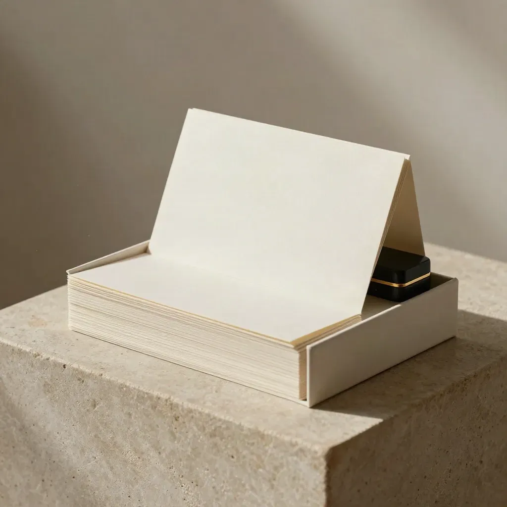 Ivory naming cards fanned in a slim box with a stone paperweight on a limestone plinth.