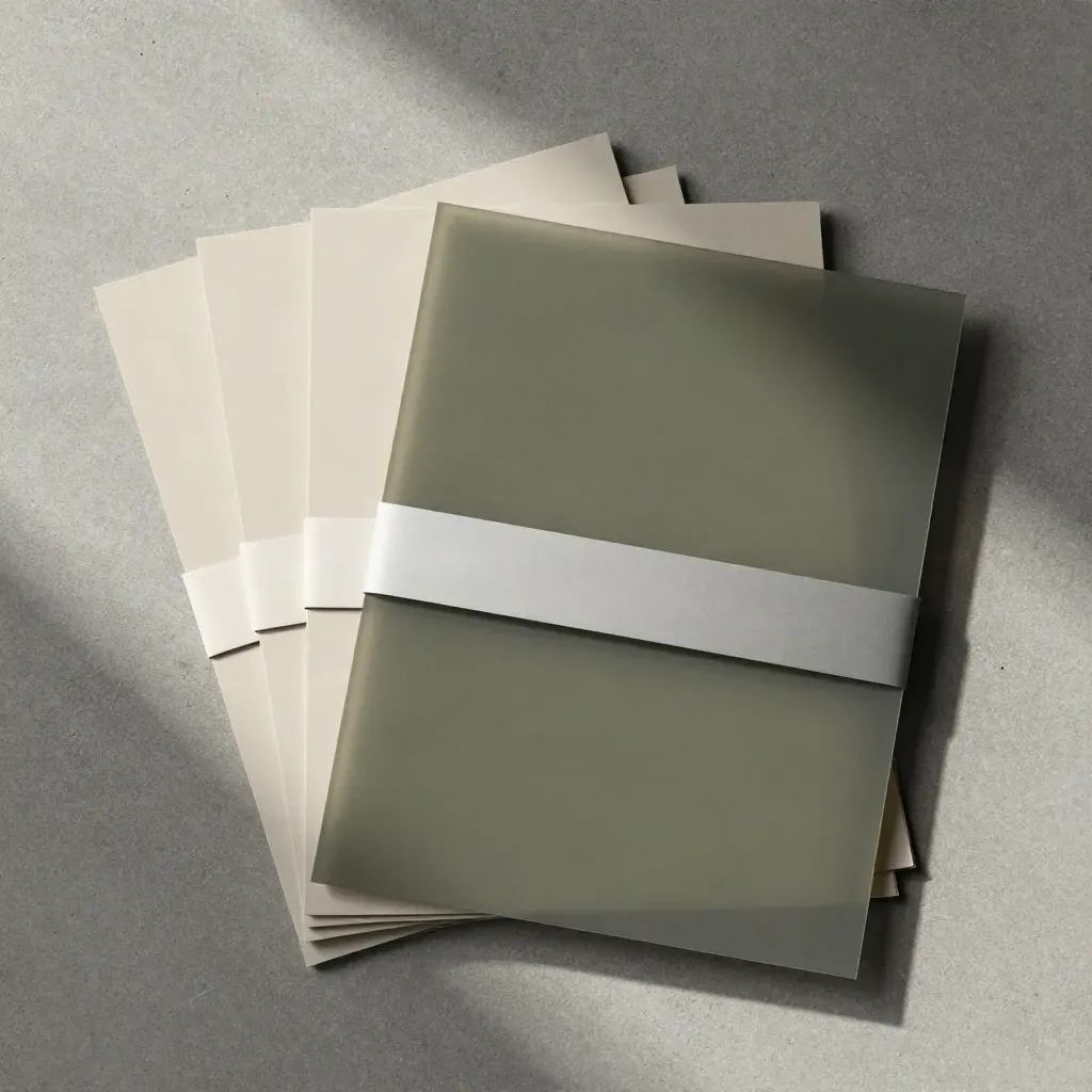 Overhead flatlay of blank Instagram template cards with acetate overlays on pale stone.