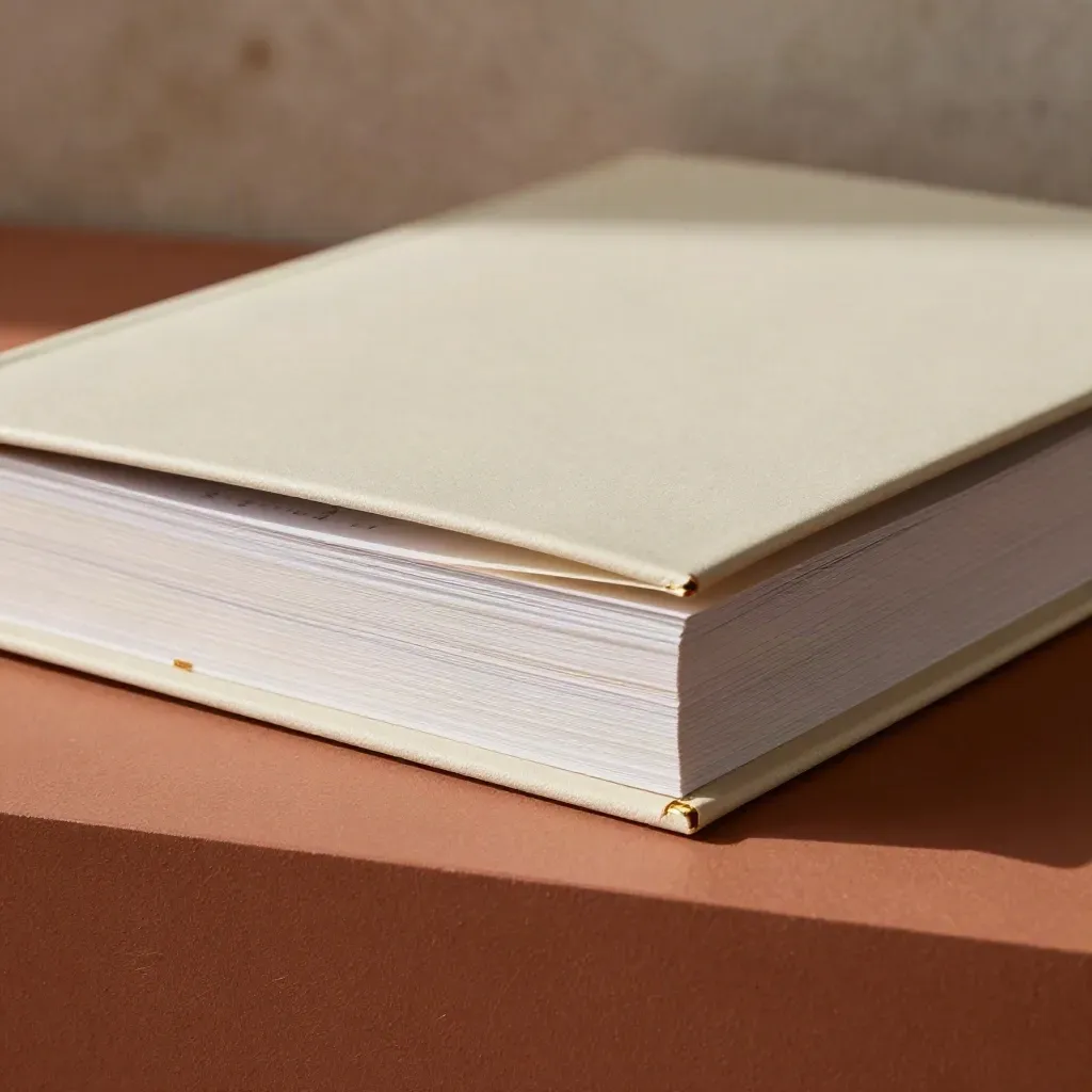 Macroscopic binder, slipcase, and rule card on terracotta plaster with soft gold accents