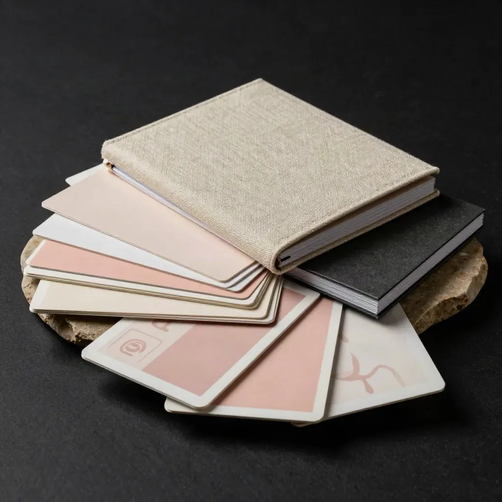 Branded launch bundle materials cascading on black stone with blush accents and moody rim light.