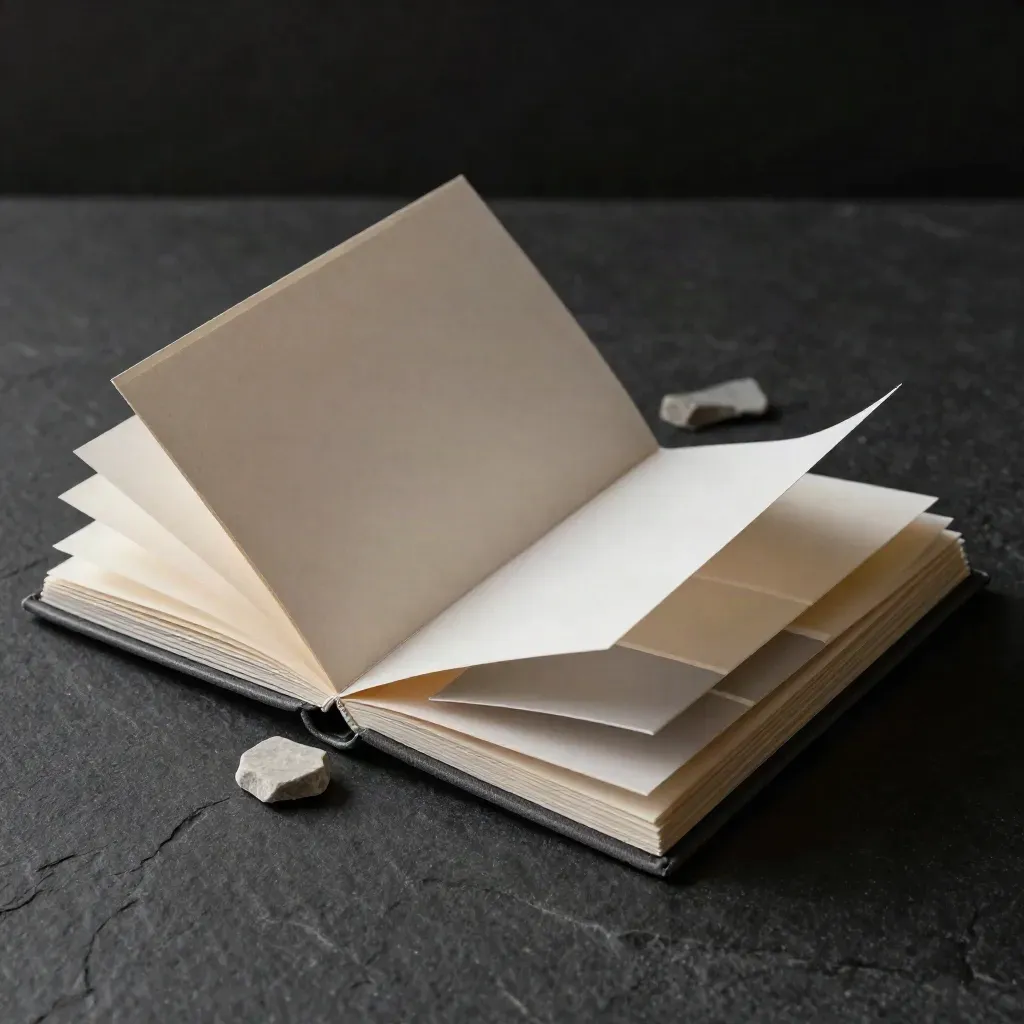 Mini brand audit folio mid-open on black stone with swatch card and pale chip under dramatic rim light