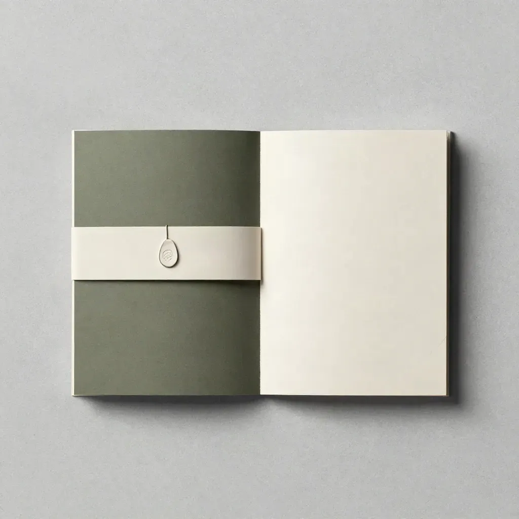 Overhead flatlay of a folded brand guide booklet with ivory band, clip, and icon chip on pale stone.