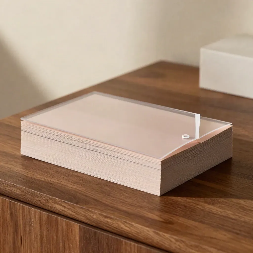 Slim social template pack in acetate sleeve on walnut plinth with a folded proof card.