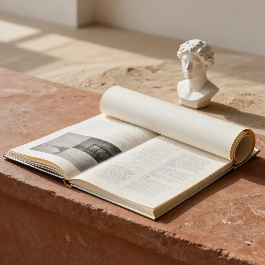Storyboard sheets, plaster maquette, and rolled layout papers on a terracotta stone ledge.
