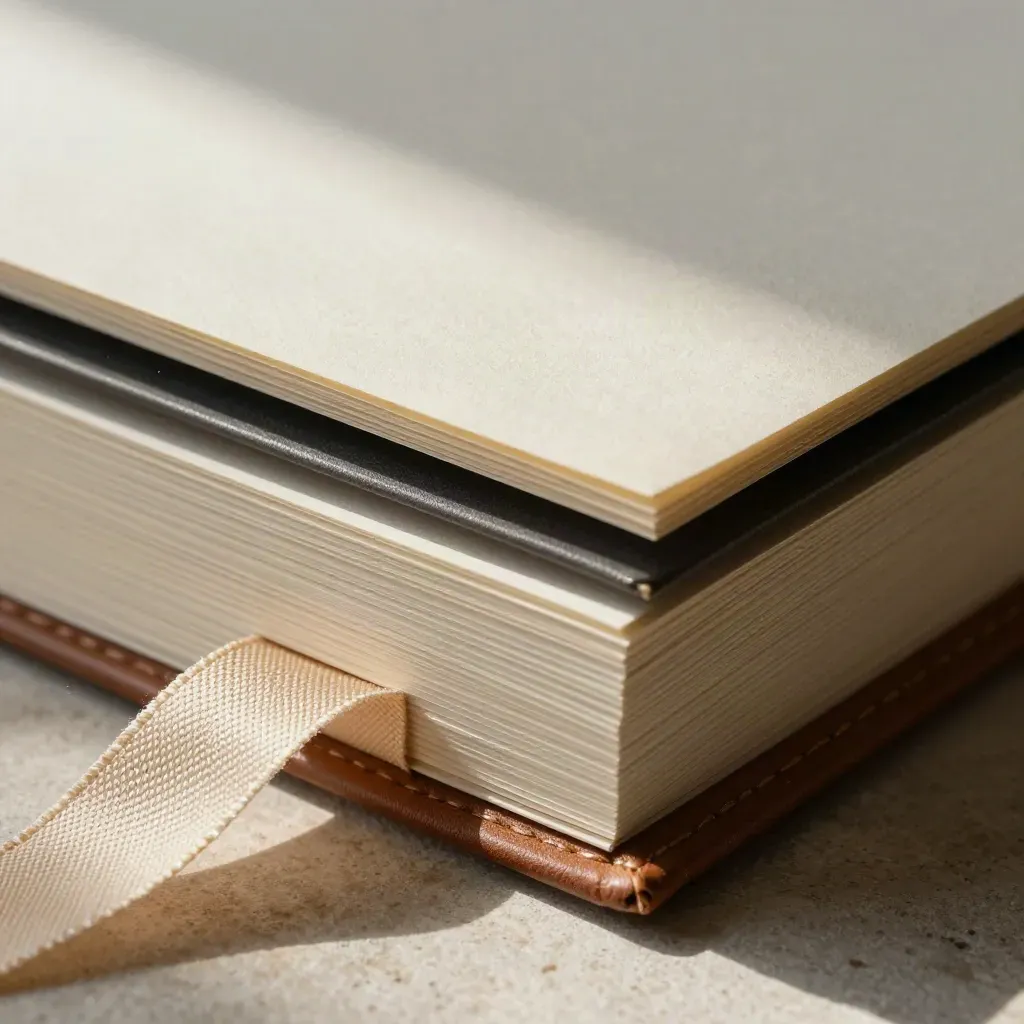 Macro of an ivory founder naming card stack with charcoal divider and folded ribbon on pale stone.