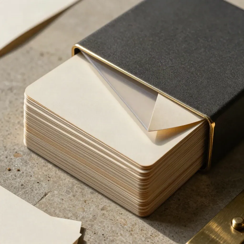 Overhead macro of a mini deck slipcase with divider sheet and corner guard on stone