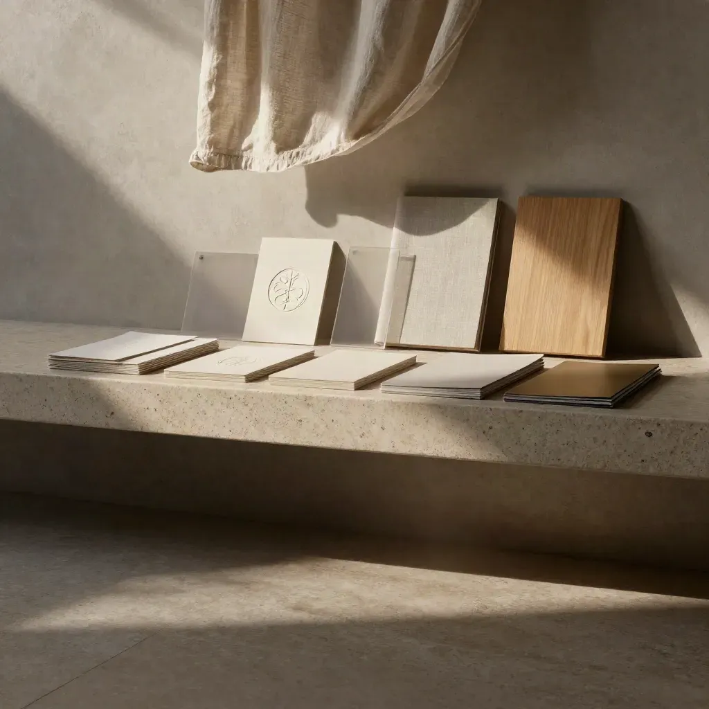 Sunlit travertine loggia with linen drapery and branding materials on a calm stone floor