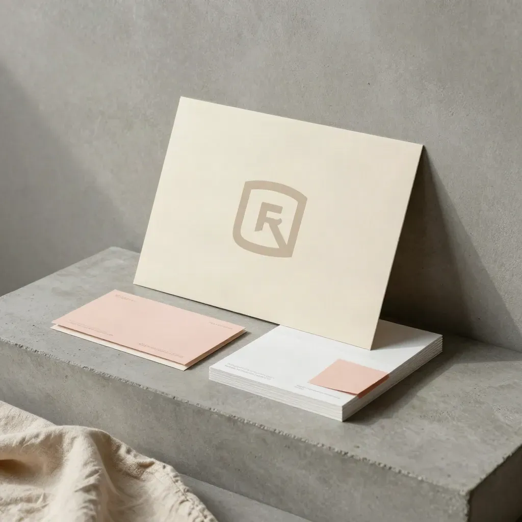 Logo refresh packet with icon board, face-down slips and linen on a concrete plinth.
