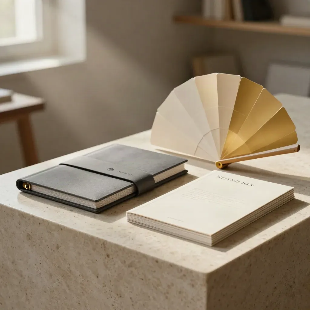 Premium branding launch kit on travertine with case, guides, sleeve and swatch fan.