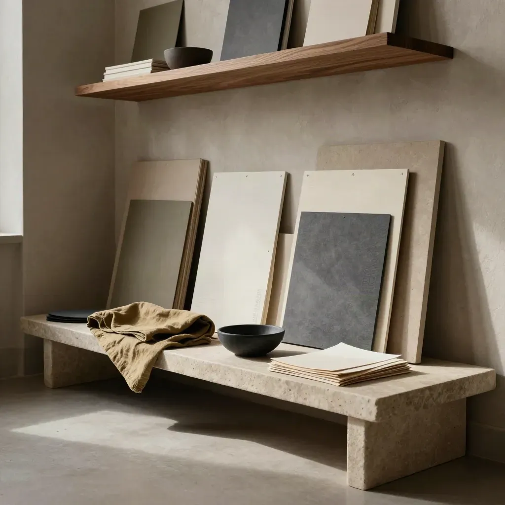 Walnut atelier corner with swatches, boards, linen and stone surface under soft light