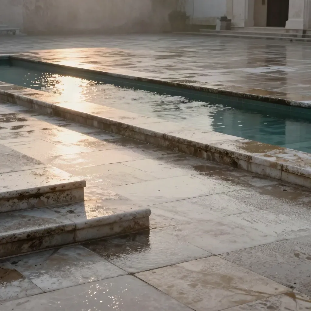 Rain-washed stone courtyard with reflecting pool and pale steps in dusk light