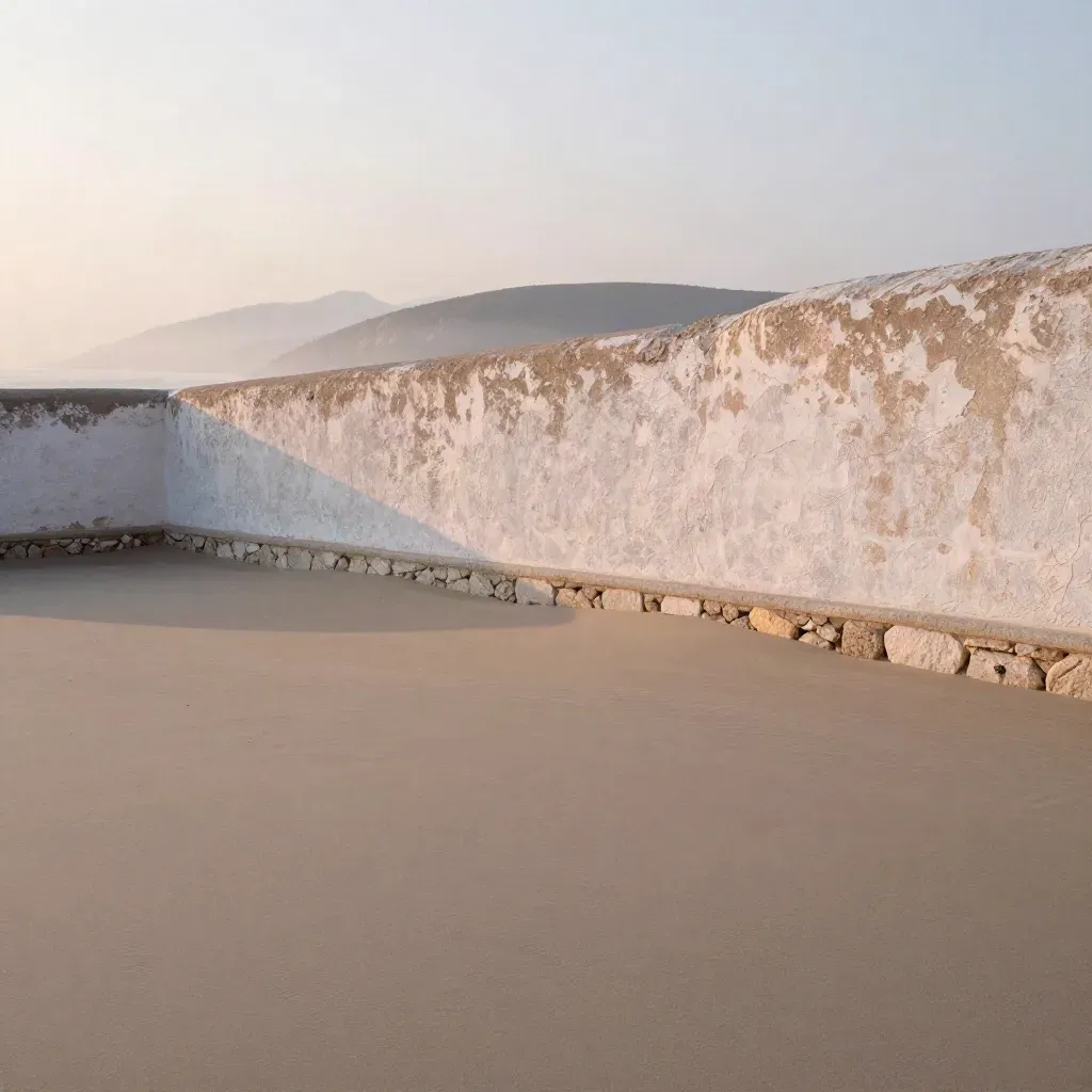 Sandy coastal courtyard edge, plaster wall, sunrise mist, calm open foreground