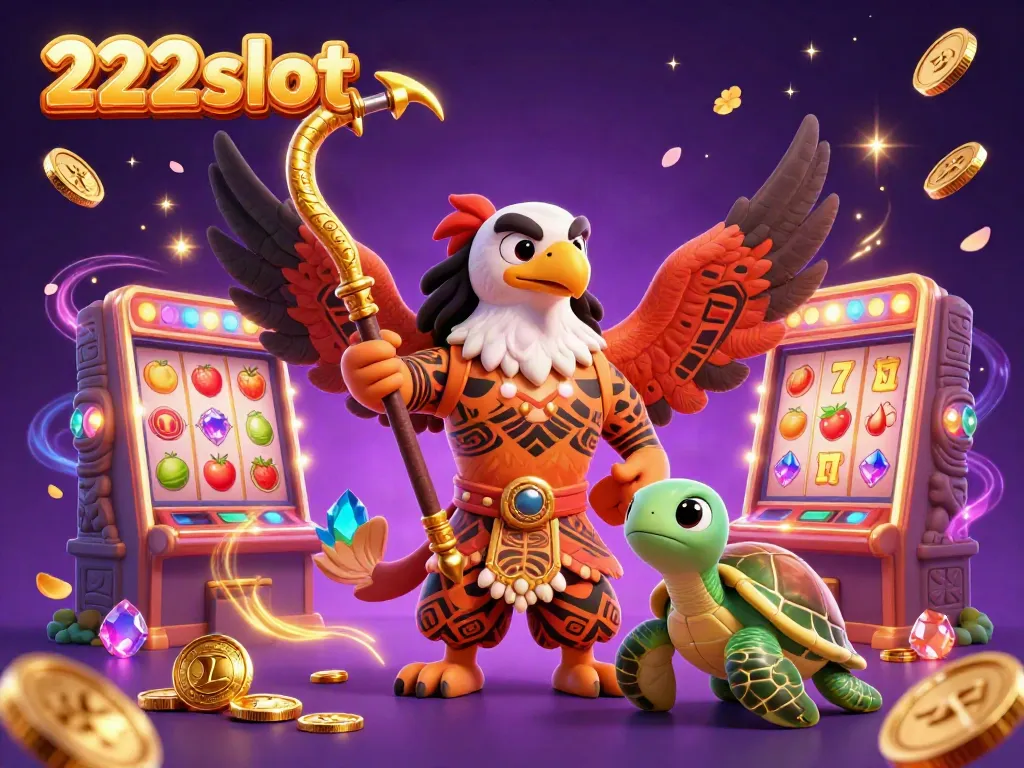 Bermain slot 222slot dengan karakter dewa Maui dan kura-kura di tengah tumpahan koin emas.