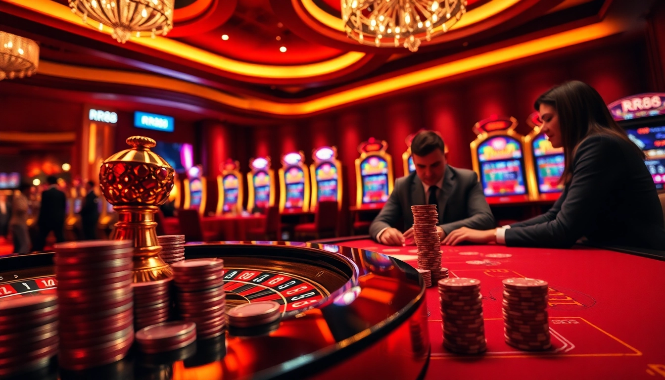 Experience high-stakes action at RR88 with vibrant casino tables, glowing roulette wheels, and eager players.