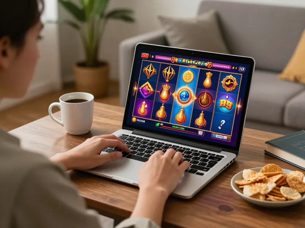 Player enjoying online slots on a laptop while engaging with jproyal's colorful gaming interface in a cozy setting.