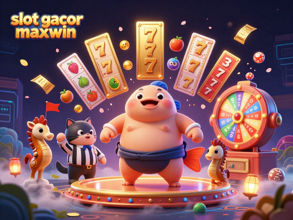 Visualisasi menarik slot gacor maxwin dengan karakter kartun dan elemen kasino yang dinamis