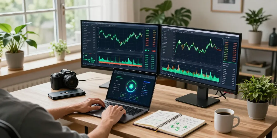 Eco friendly crypto mining workspace showing advanced cryptocurrency trading setup with sustainable technology.