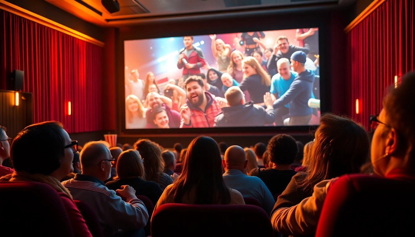 ดูหนังฟรี ในโรงภาพยนตร์ที่เต็มไปด้วยคนดูที่ตื่นเต้น