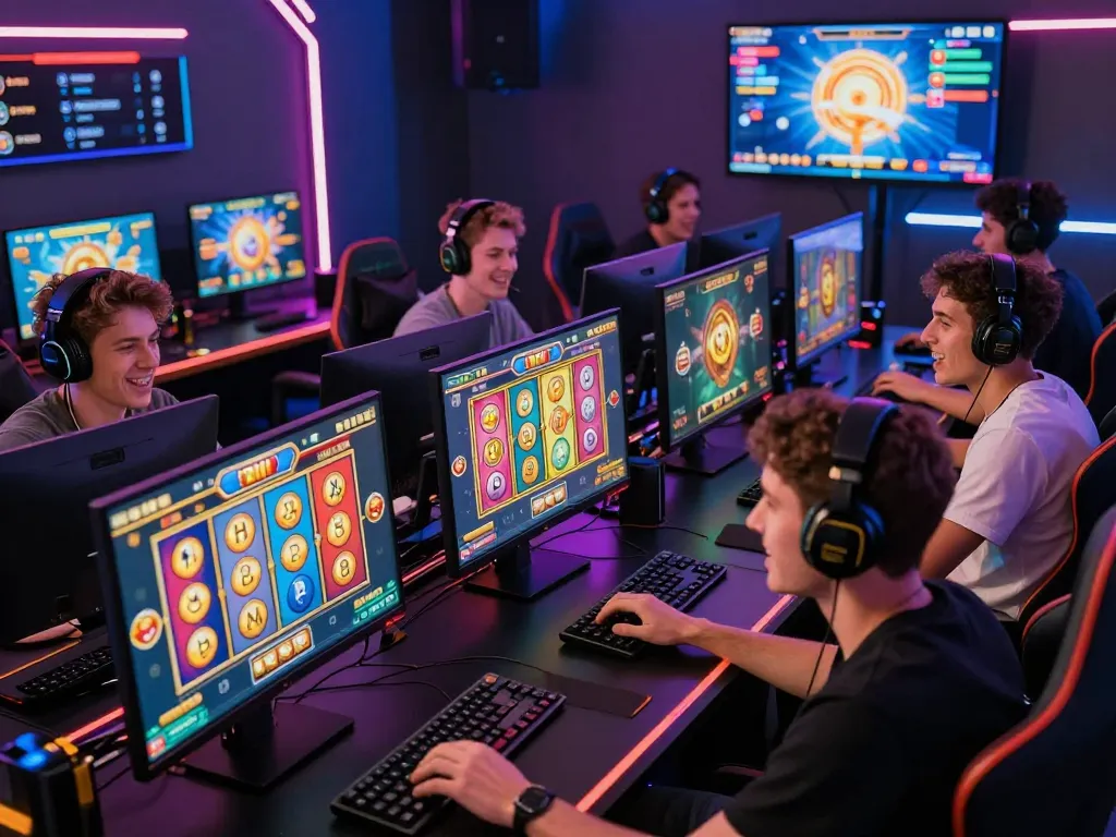 Dynamic gaming scene showcasing gamers on situs gacor platforms with vibrant slot displays and competitive atmosphere.
